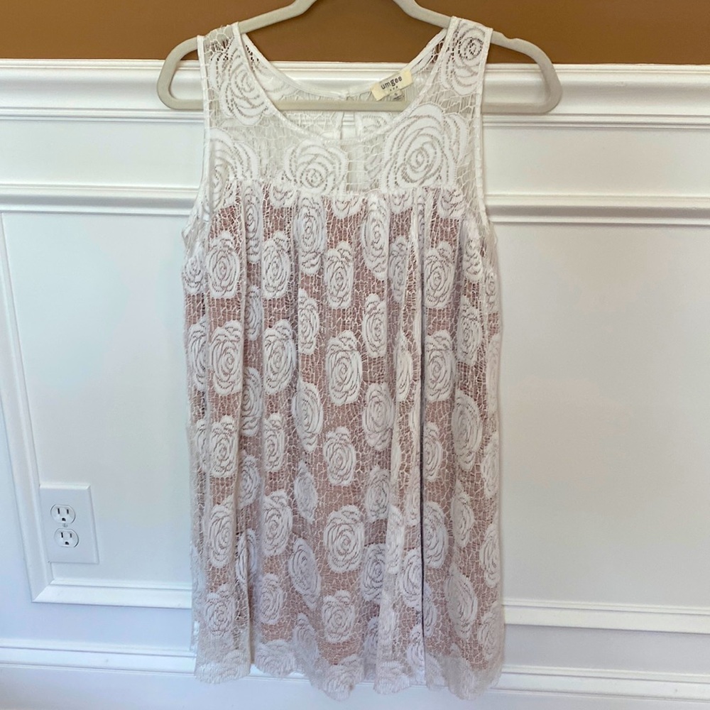 Umgee Gorgeous White Floral Overlay Fully Lined Print Dress - Size Small